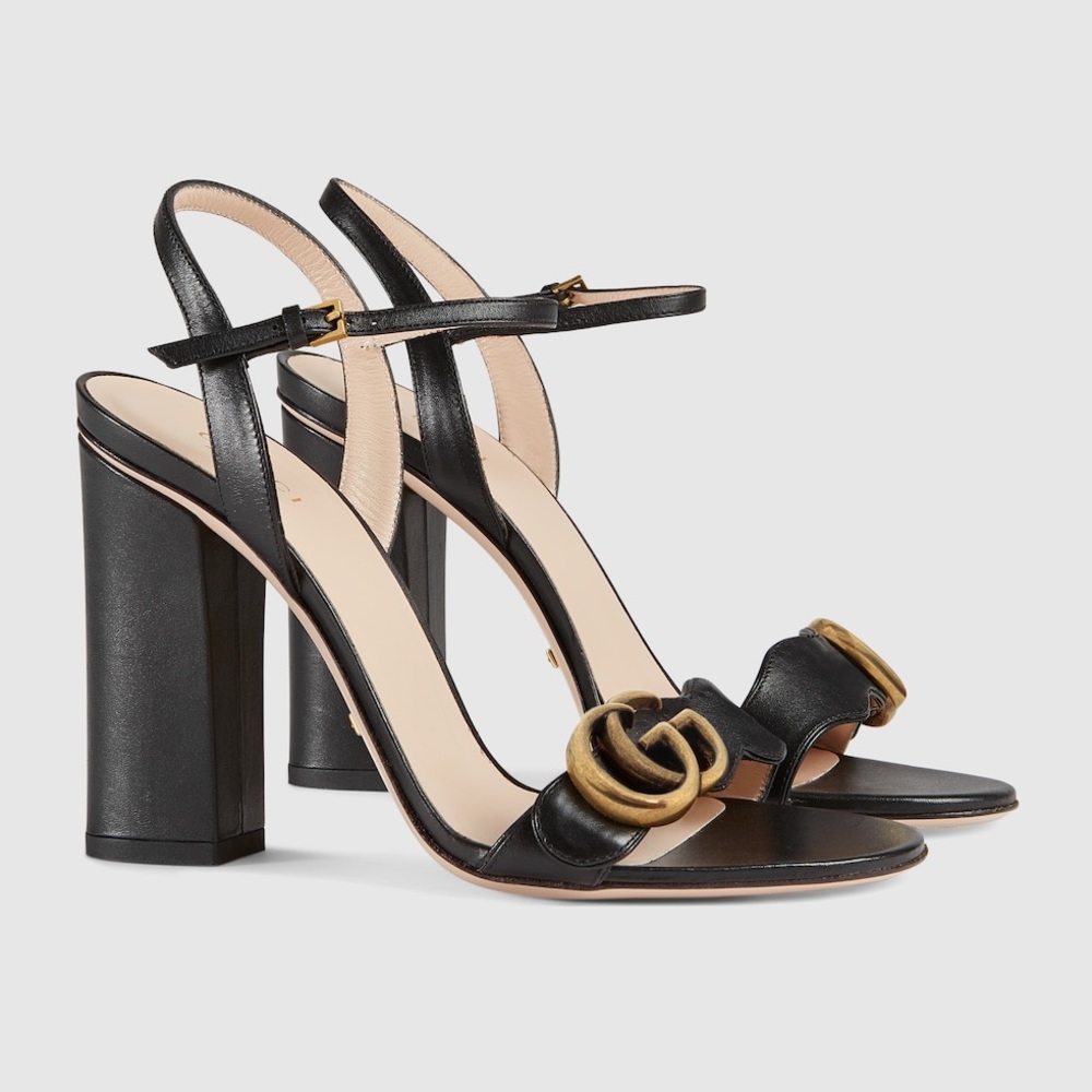 Gucci Marmont GG Black Leather Heeled Sandal size 40 Authentic Classic